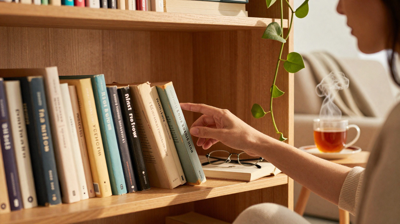 Pessoa alcançando um livro em estante de madeira ao lado de xícara de chá quente e planta.