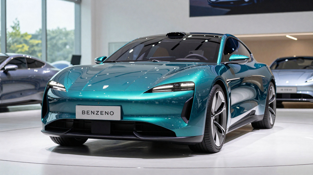 Carro esportivo elétrico azul metálico Benzeno em exposição interna com iluminação destacando o design moderno.