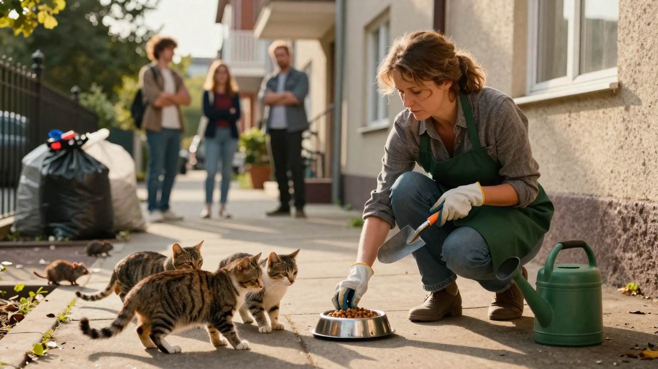 Mulher alimenta gatos de rua na calçada, com três pessoas observando ao fundo em dia ensolarado.