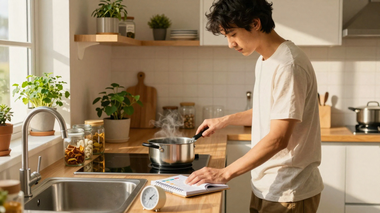 Jovem cozinhando em uma cozinha moderna, lendo receita em caderno ao lado do fogão elétrico.
