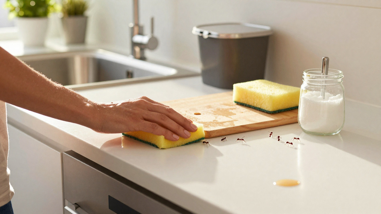 Mão limpando balcão branco com esponja, formigas próximas e pote de açúcar ao lado.