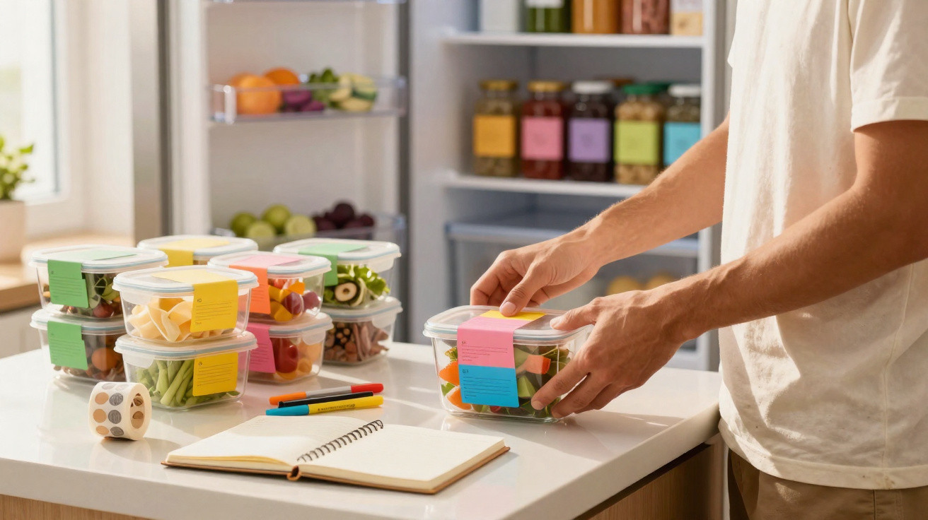 Pessoa etiquetando potes de plástico com alimentos variados sobre bancada na cozinha organizada.