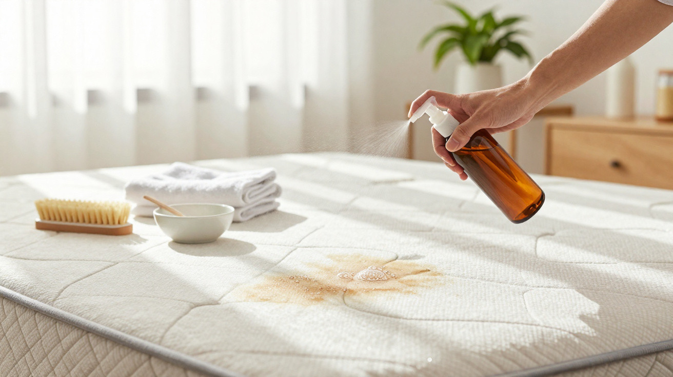 Pessoa aplicando spray para limpar mancha em colchão branco com manchas marrons, com utensílios ao lado.