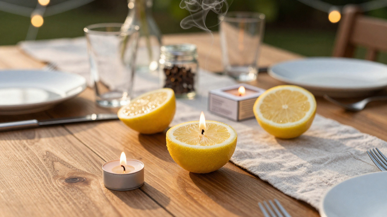Mesa de madeira posta com pratos, talheres, velas acesas dentro de limões cortados ao meio.