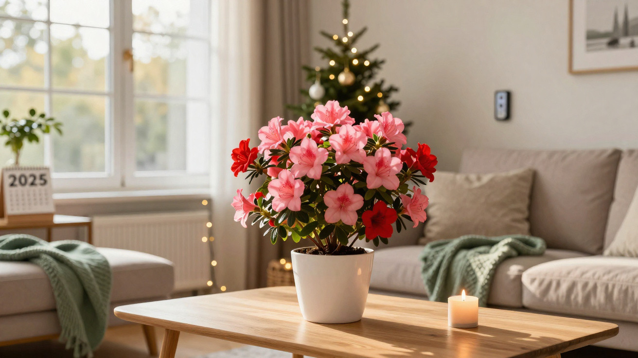 Vaso com flores rosa e vermelhas sobre mesa de madeira em sala iluminada com árvore de Natal ao fundo.