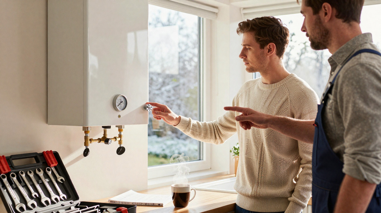 Dois homens ajustam um aquecedor de água em ambiente interno com caixa de ferramentas ao lado.