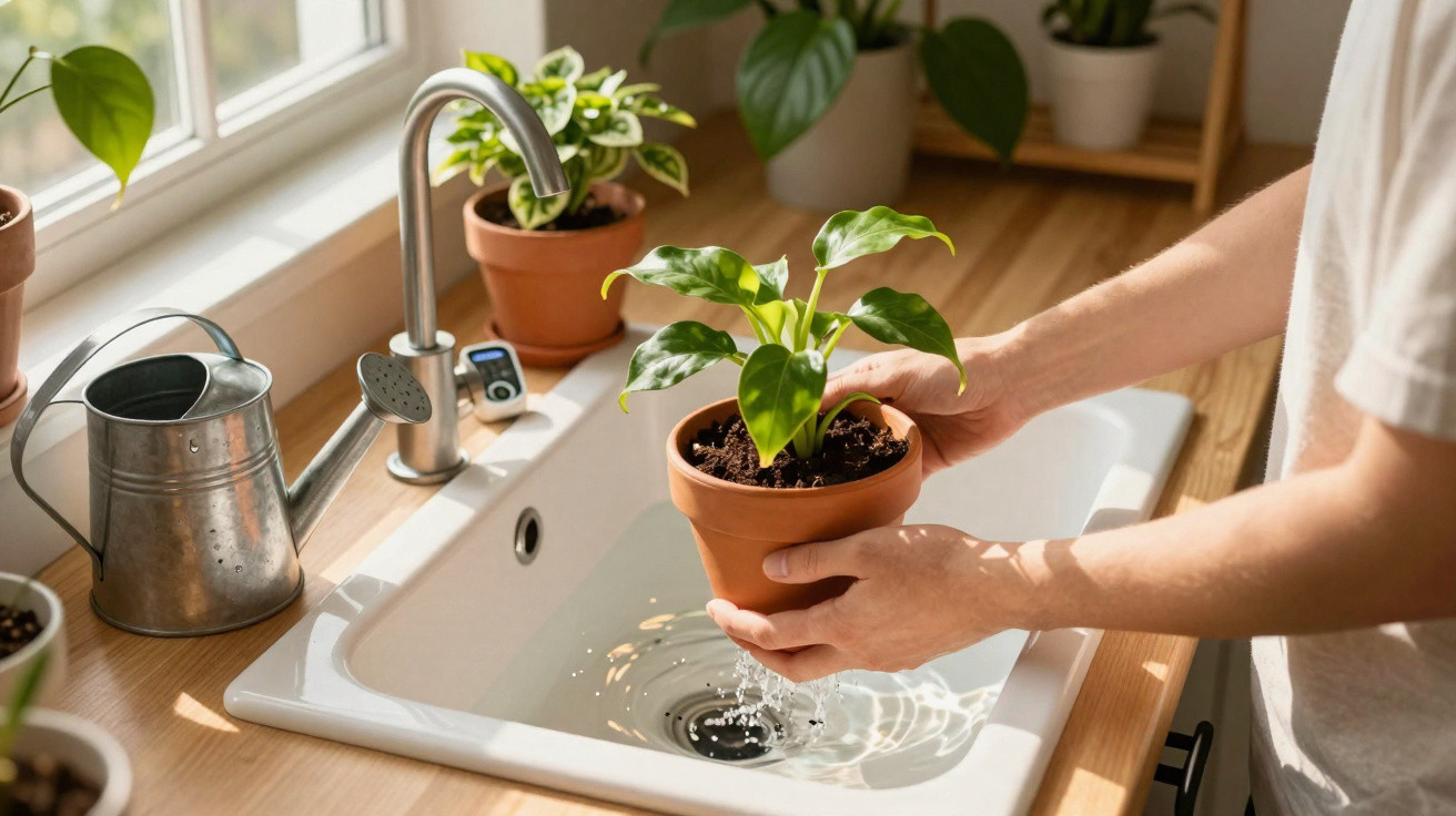 Pessoa lavando planta em vaso de barro na pia de cozinha com regador e outras plantas ao redor.