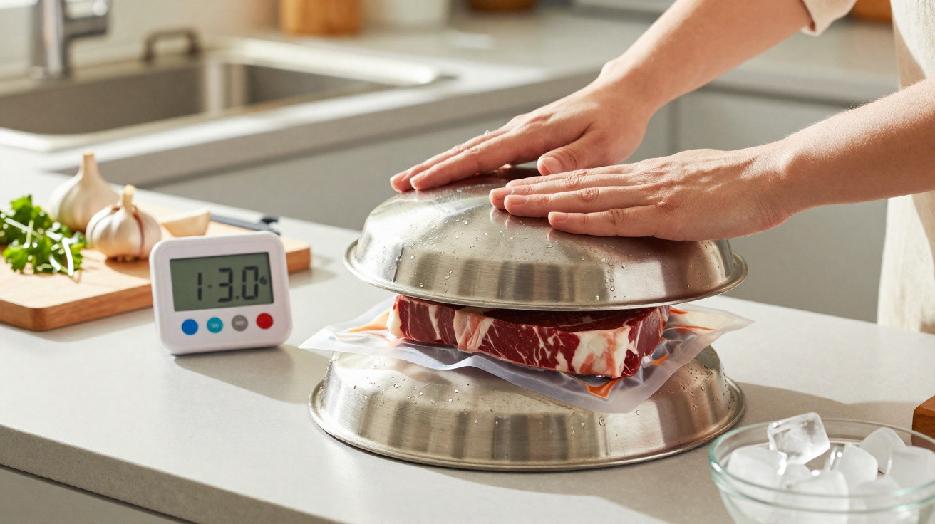 Mãos pressionando bife entre duas tigelas de metal para descongelar na bancada da cozinha com termômetro digital.