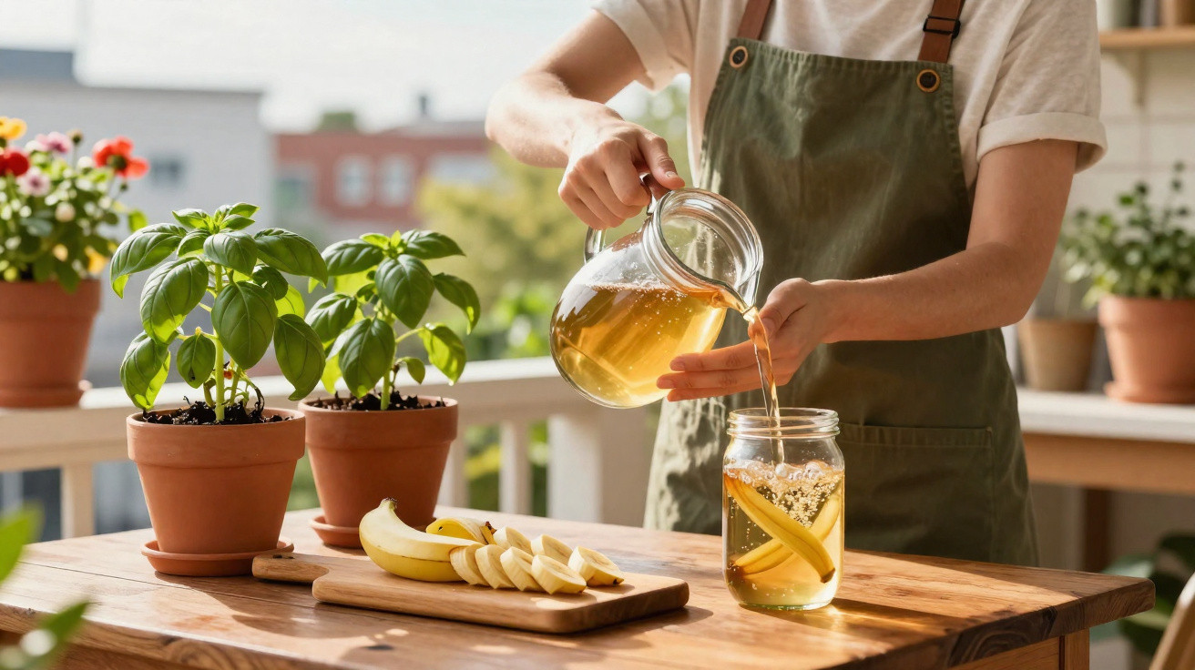 Pessoa com avental verde despejando chá em copo de vidro numa mesa com plantas em vasos e banana fatiada.