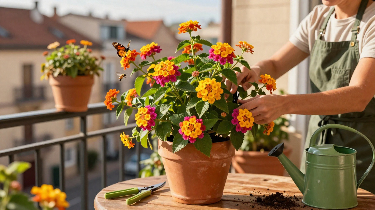 Pessoa cuidando de flores em vaso na varanda com regador e tesoura de jardinagem sobre a mesa.