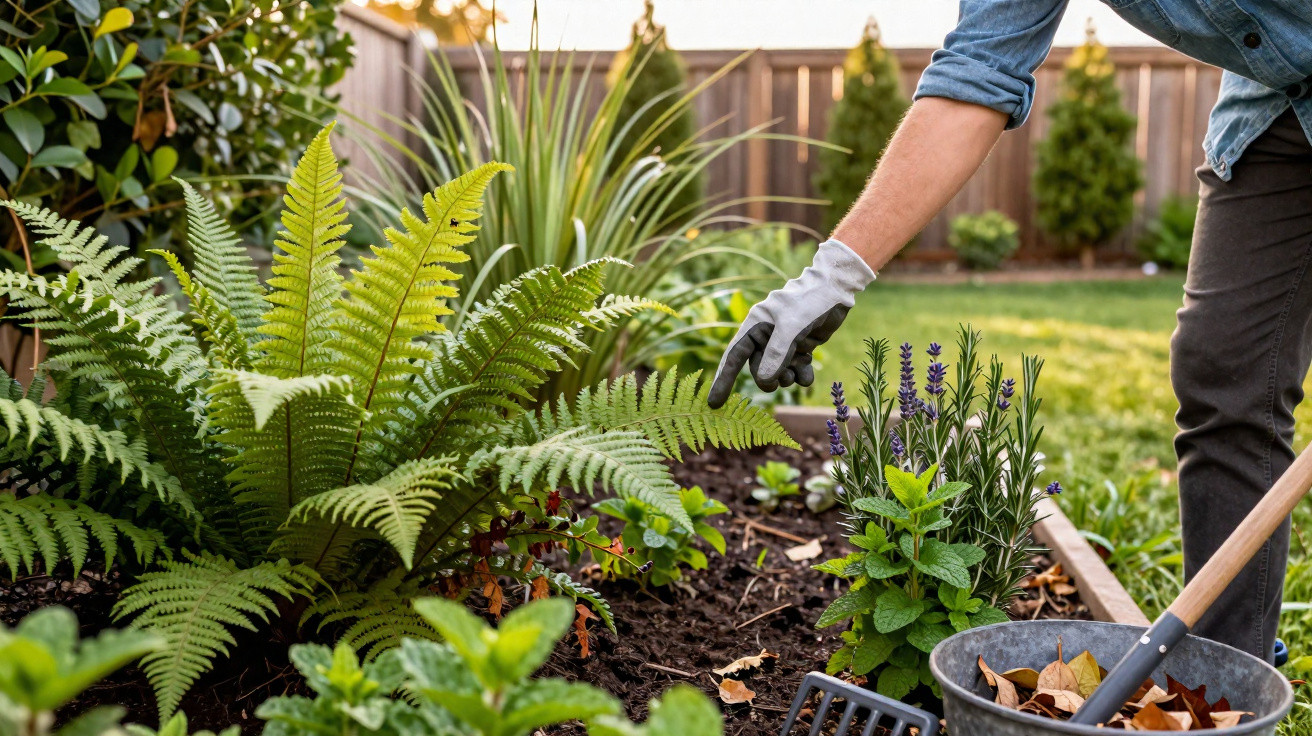 Pessoa cuidando de plantas e flores em canteiro de jardim com luvas e ferramentas de jardinagem.
