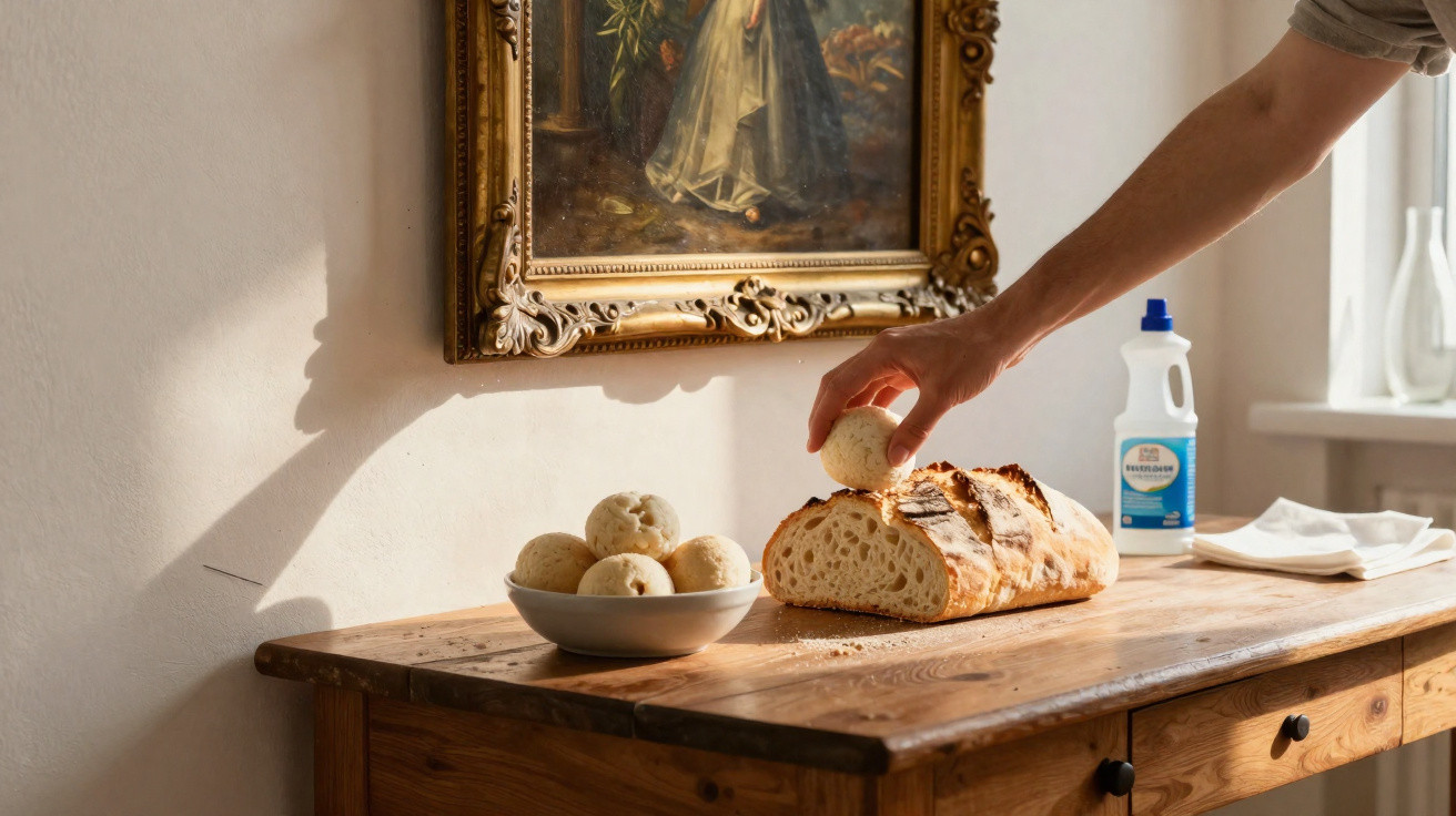 Mão pegando pão ao lado de tigela com bolinhas de pão sobre mesa de madeira sob quadro clássico.