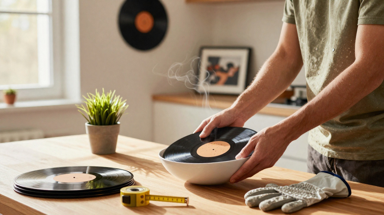 Pessoa segurando disco de vinil fumegante sobre tigela, mesa com outros discos, fita métrica e luvas.