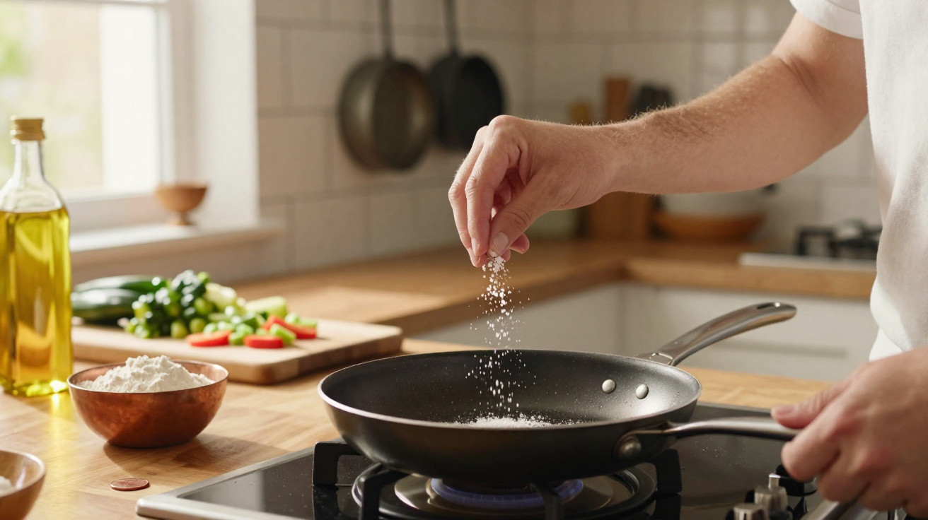 Pessoa tempera sal em frigideira sobre fogão em cozinha com legumes e azeite ao fundo.