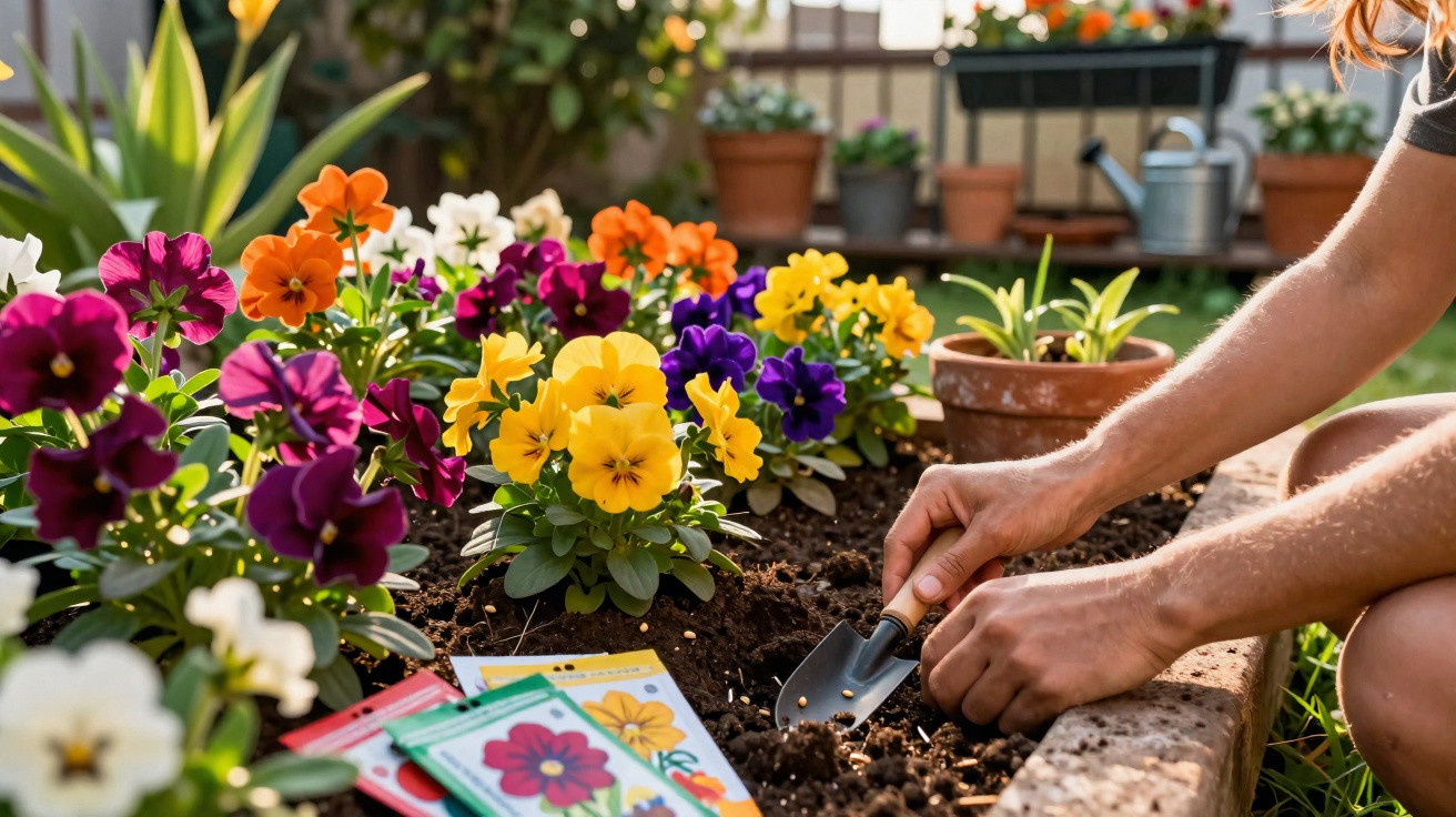 Pessoa plantando flores coloridas em canteiro de jardim com sementes e vasos ao fundo.
