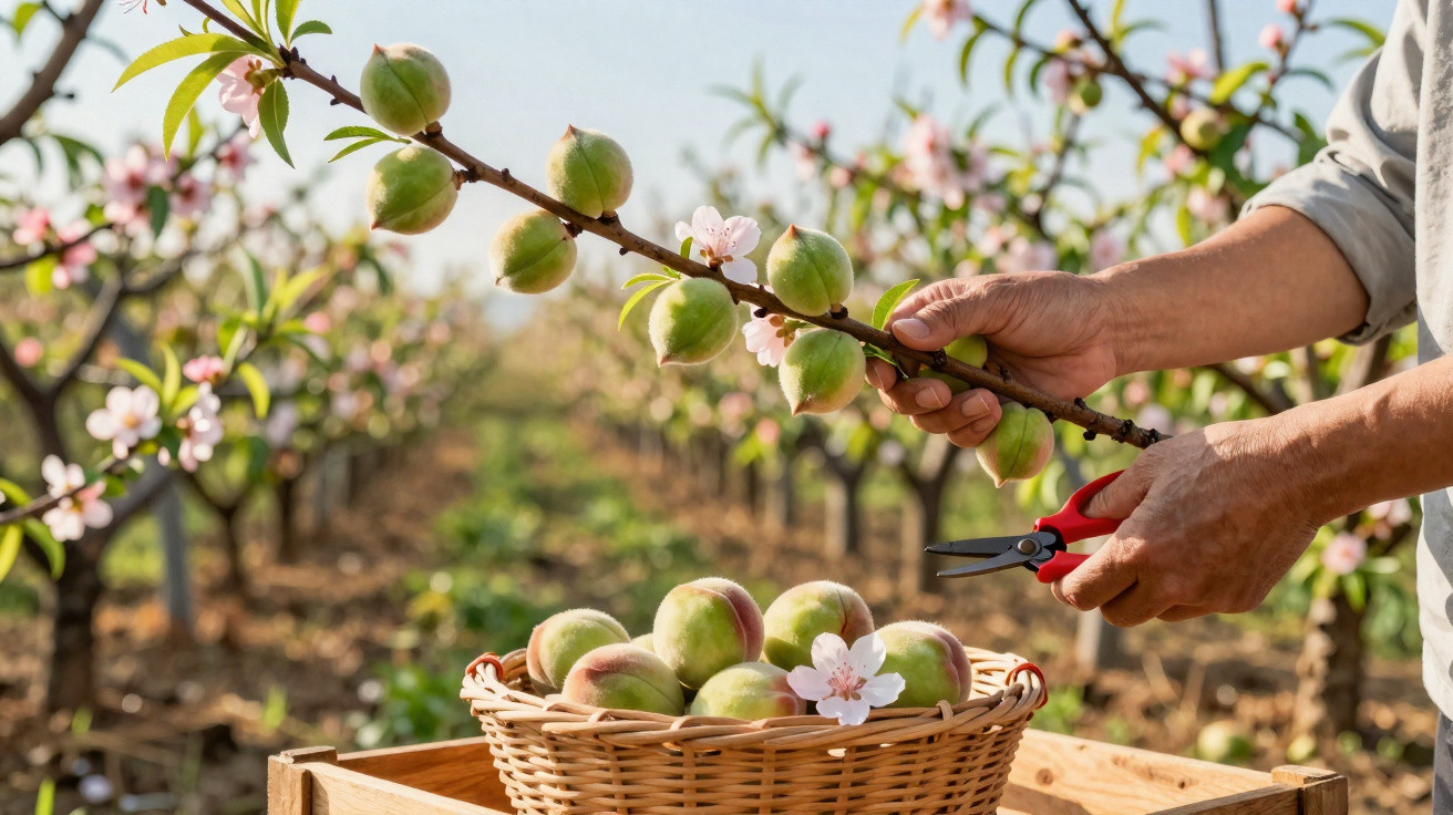 Pessoa colhendo pêssegos verdes em galho com tesoura, cesta com frutos e flores ao fundo em pomar.