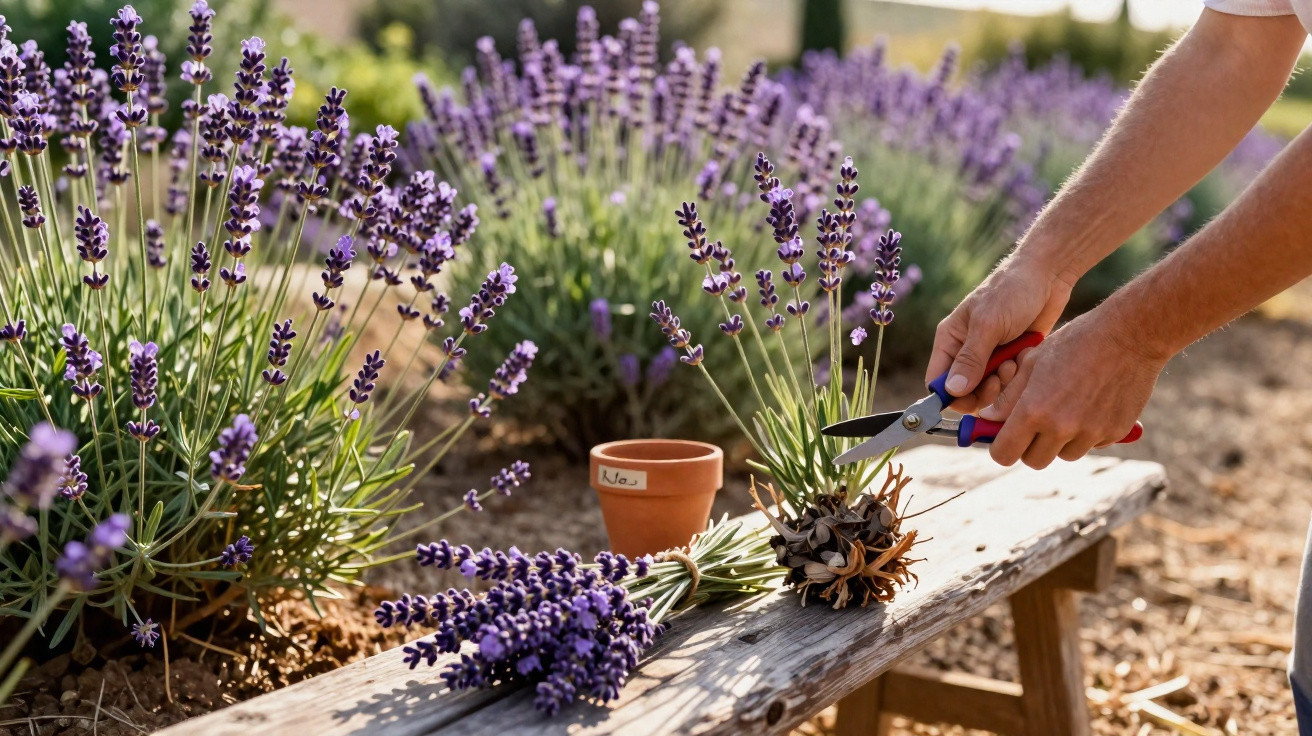 Pessoa colhendo flores de lavanda em campo, com buquê de lavandas sobre banco de madeira.