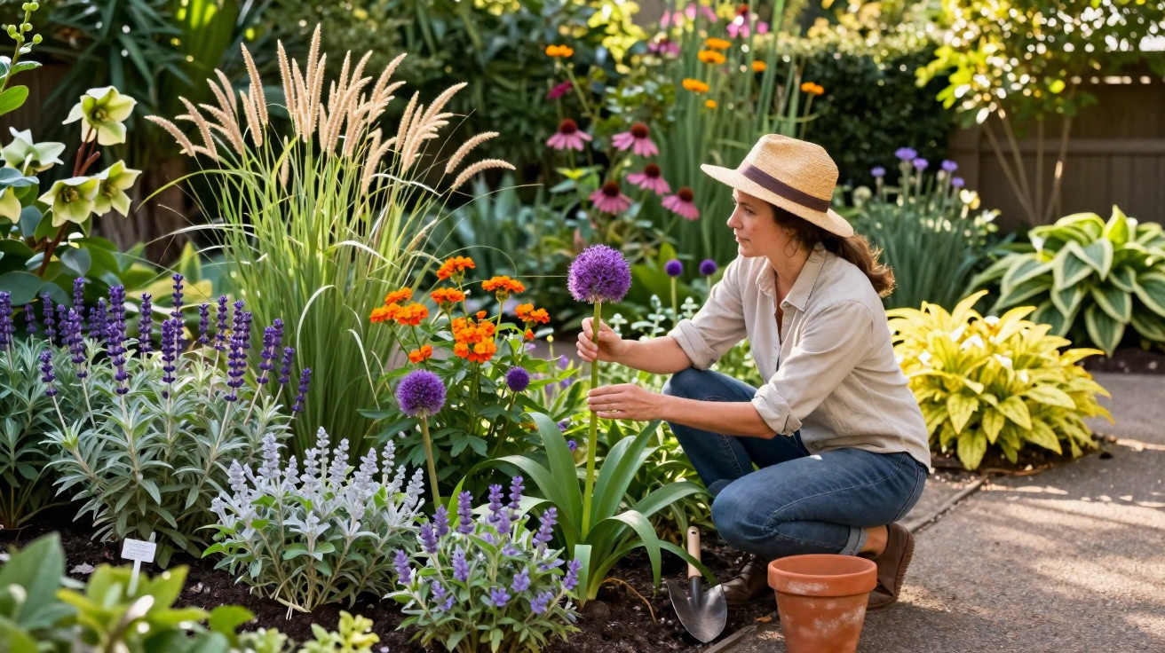 Mulher com chapéu cuidando de flores coloridas em jardim ensolarado, agachada próxima ao solo.