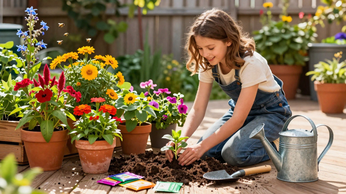 Menina jovem plantando muda em vaso no jardim, cercada por flores coloridas e regador metálico.