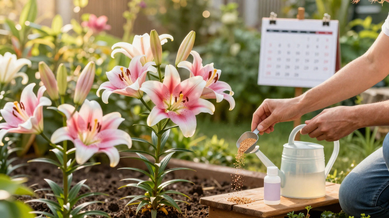 Pessoa adicionando fertilizante em plantas de lírio rosa em jardim com calendário ao fundo