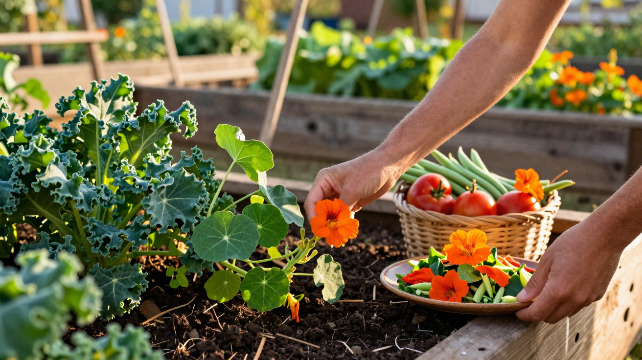 Pessoa colhendo flores comestíveis laranja em horta com vegetais e cesta de tomates ao fundo.