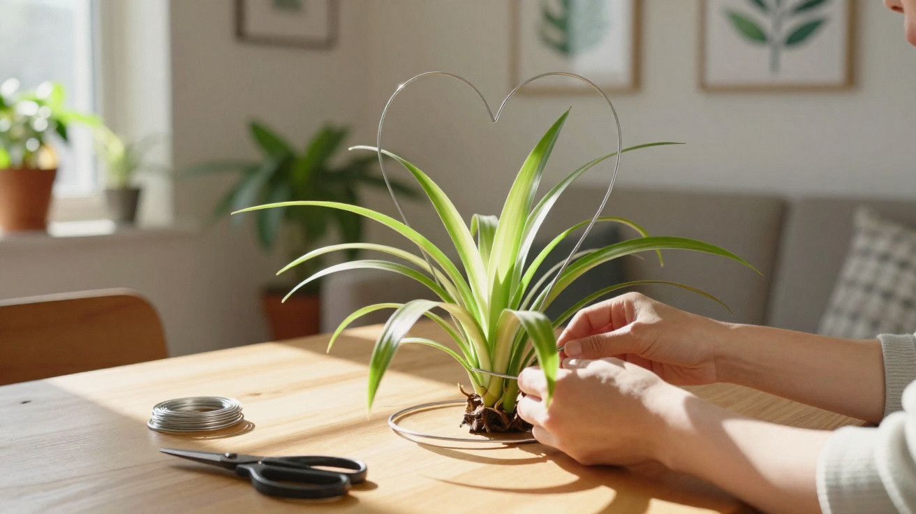 Pessoa cuidando de planta em vaso com suporte de arame em forma de coração sobre mesa de madeira.