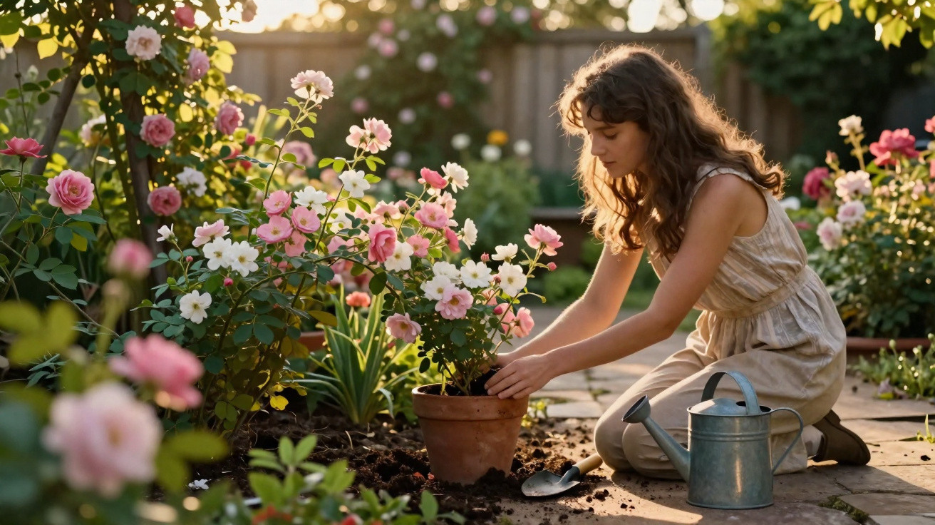 Mulher cuidando de flores rosas e brancas em vaso no jardim ao entardecer, ao lado de regador e pequena pá.