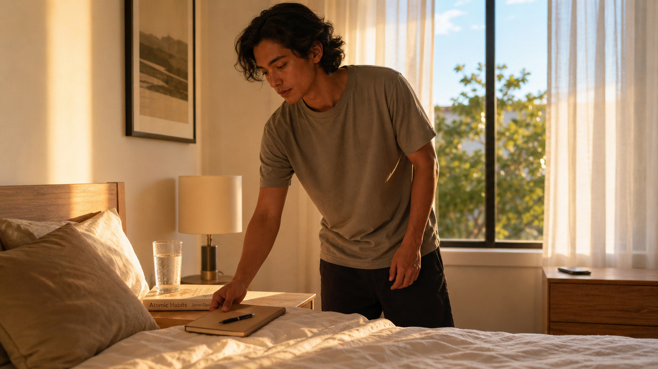Homem ajeitando caderno sobre a cama em quarto iluminado pela luz natural da janela.