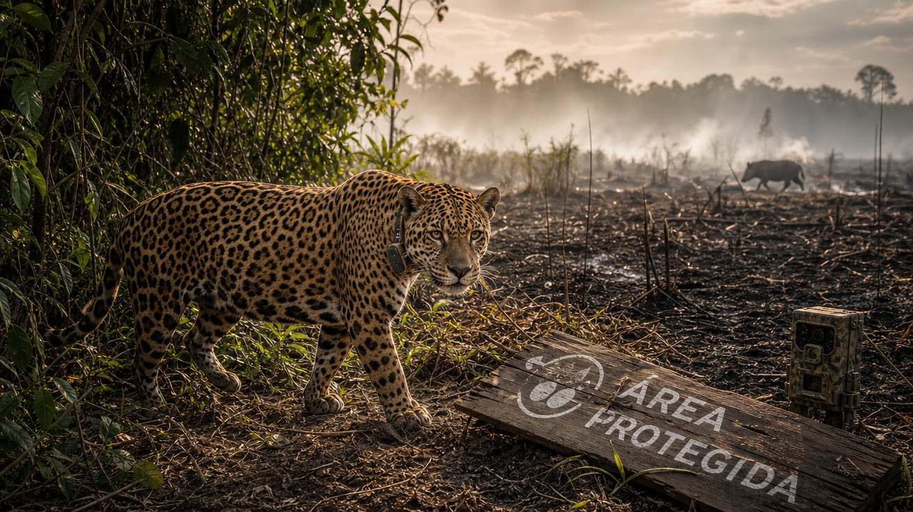 Onça-pintada com coleira em área protegida próxima a vegetação e terra queimada ao entardecer.