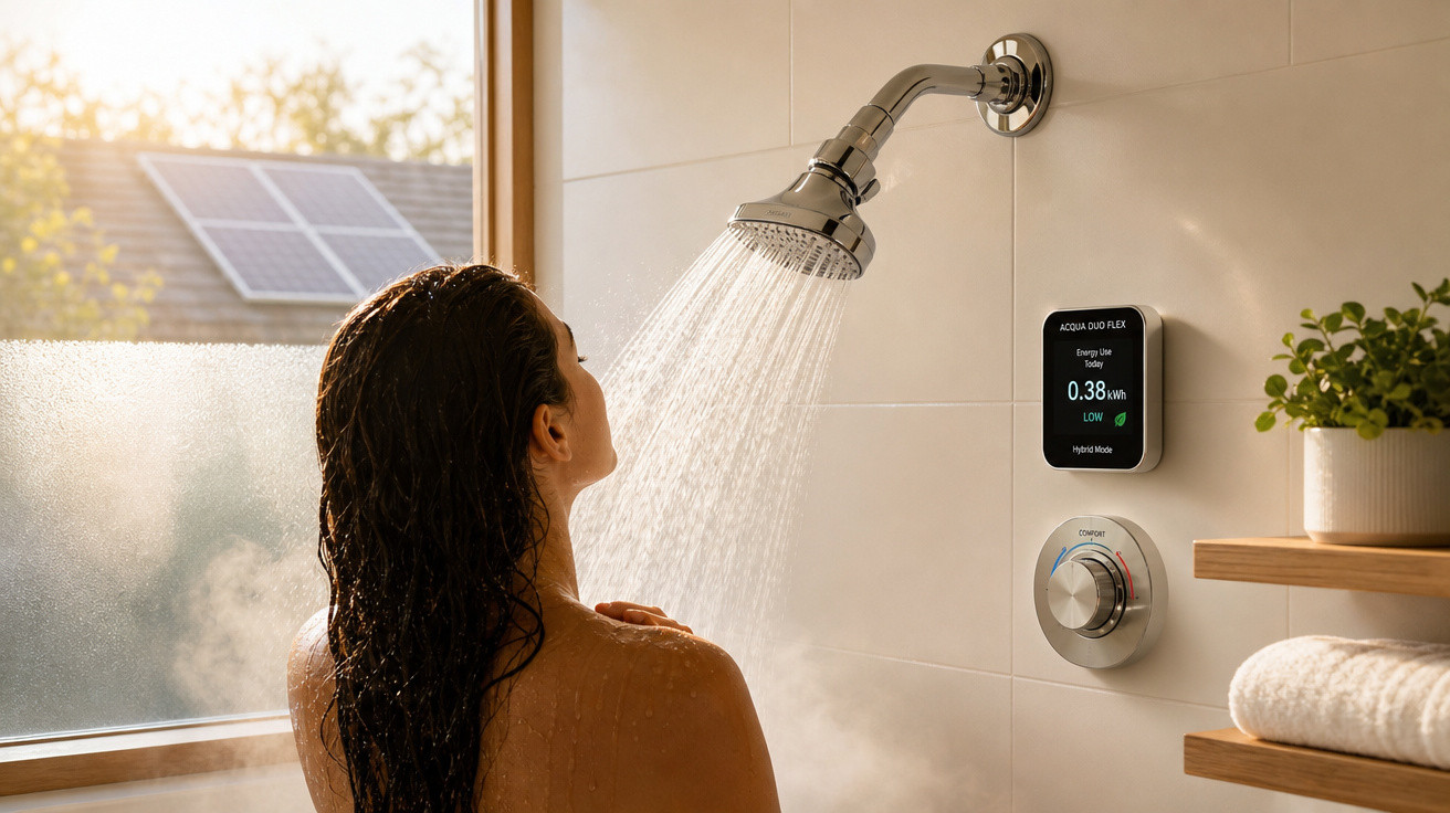 Mulher tomando banho em chuveiro com display digital de consumo de energia e painel de controle na parede.