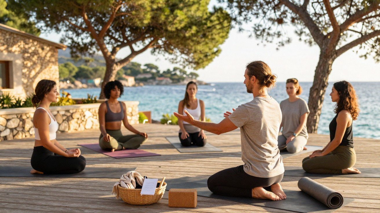 Grupo de pessoas praticando yoga ao ar livre próximo ao mar em plataforma de madeira.