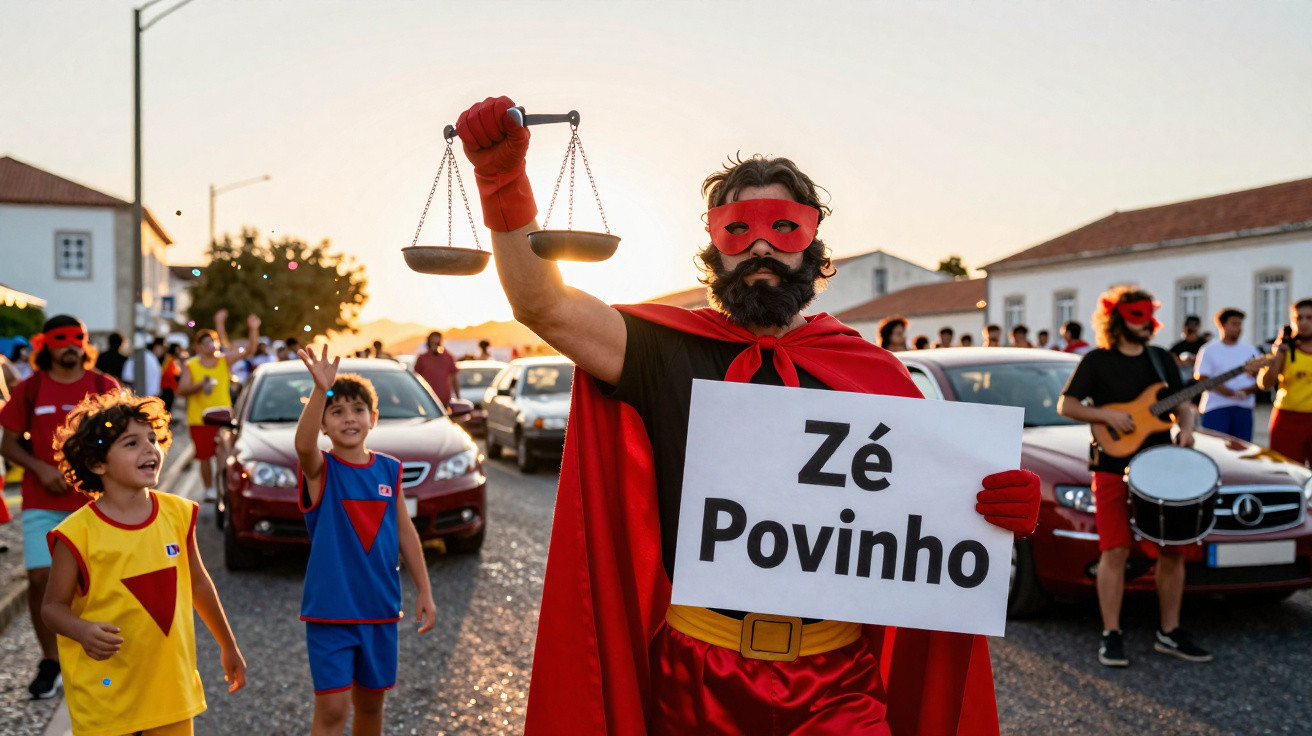 Homem vestido de super-herói vermelho segura placa "Zé Povinho" em manifestação na rua com crianças e músicos.