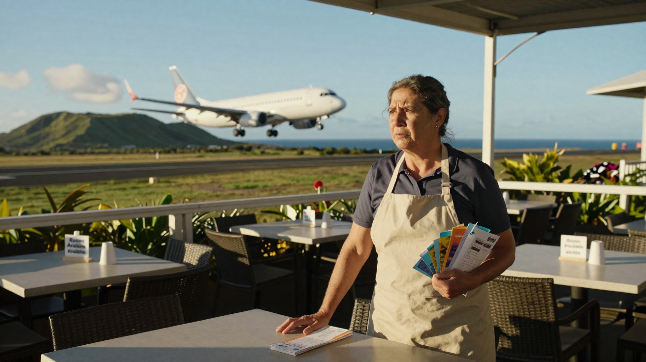 Mulher de avental segurando folhetos em restaurante externo com avião pousando ao fundo.