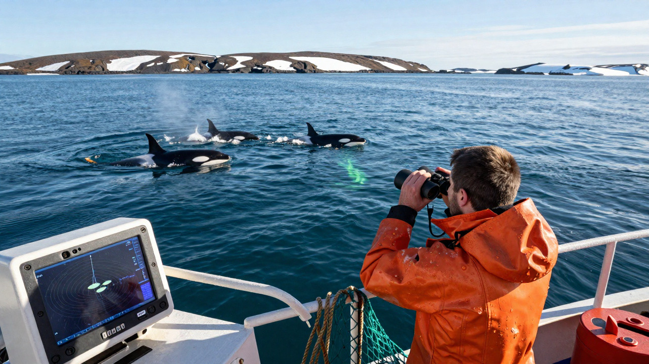 Pesquisador observa orcas com binóculos em barco perto de área congelada na água azul.