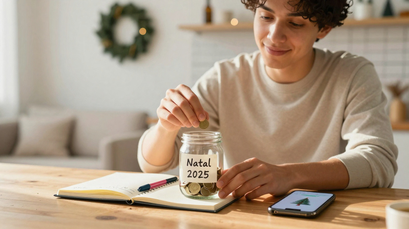 Pessoa guardando moedas em um pote com etiqueta "Natal 2025" sobre mesa com caderno e celular.