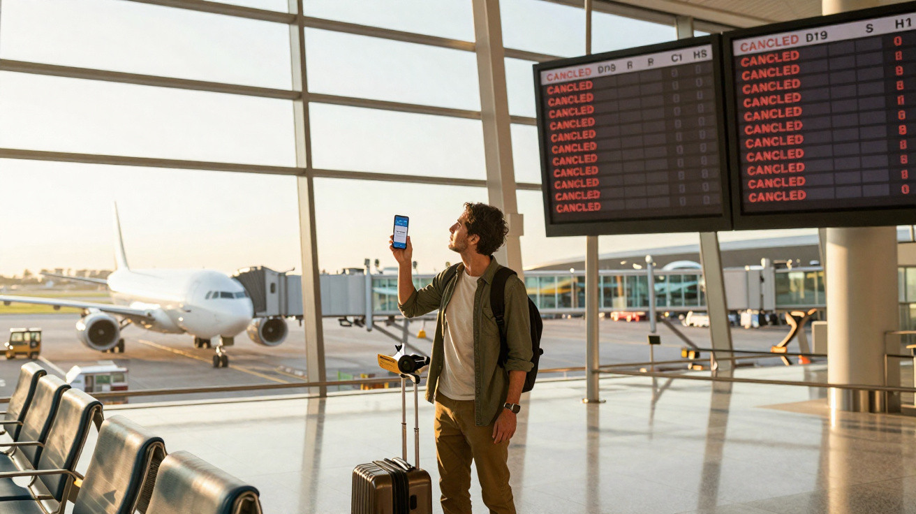 Homem com mala no aeroporto olhando para celular enquanto tela mostra vários voos cancelados.