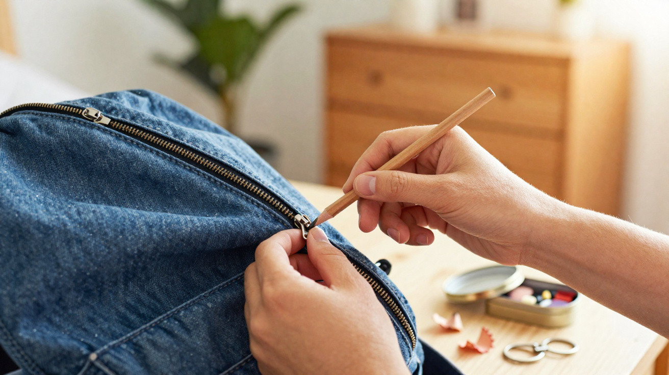 Pessoa consertando zíper de mochila jeans com ferramenta em ambiente interno.