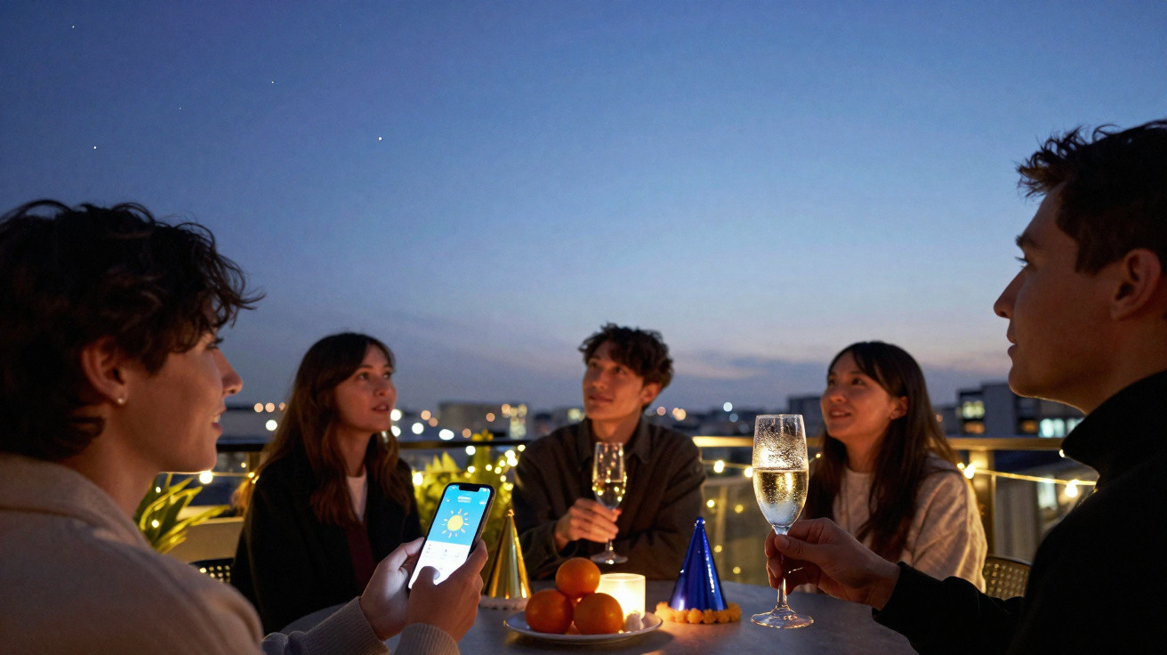 Grupo de jovens reunidos ao entardecer celebrando com taças e bolo em mesa externa iluminada por vela.