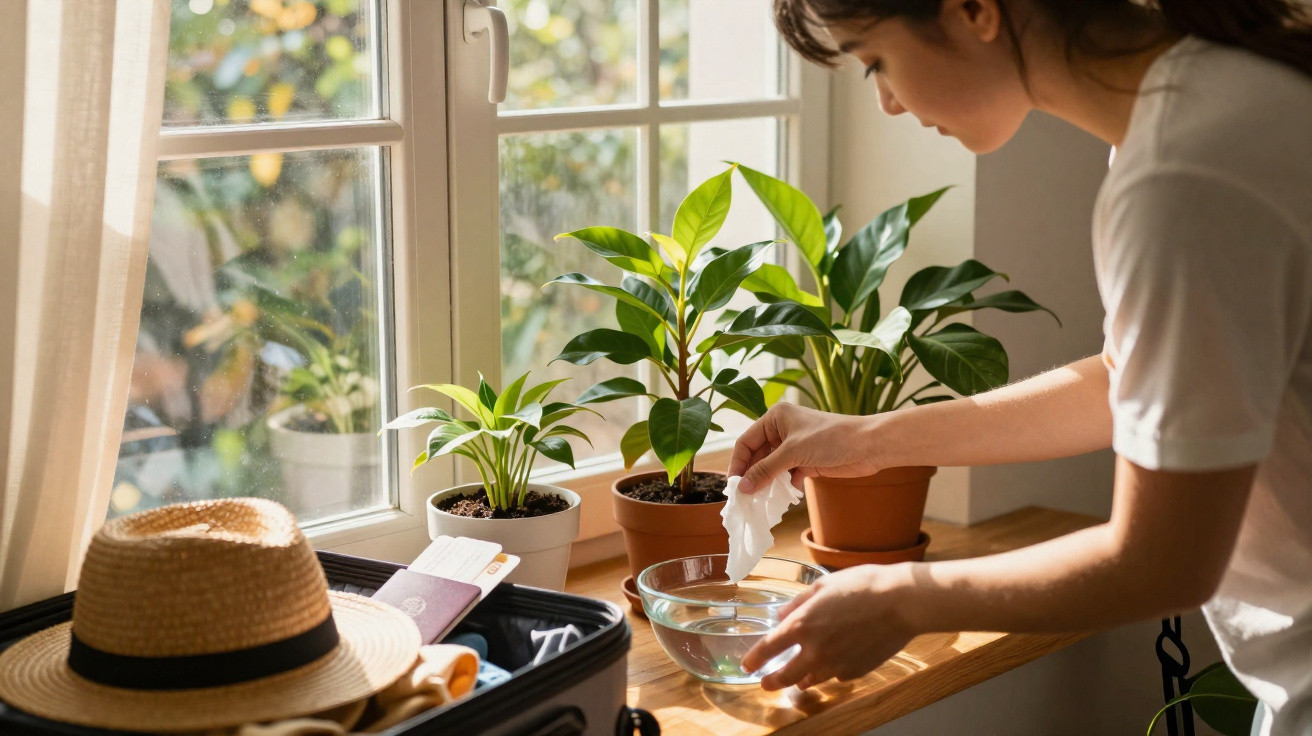 Mulher cuidando de plantas em vasos ao lado de mala aberta e chapéu perto da janela iluminada.