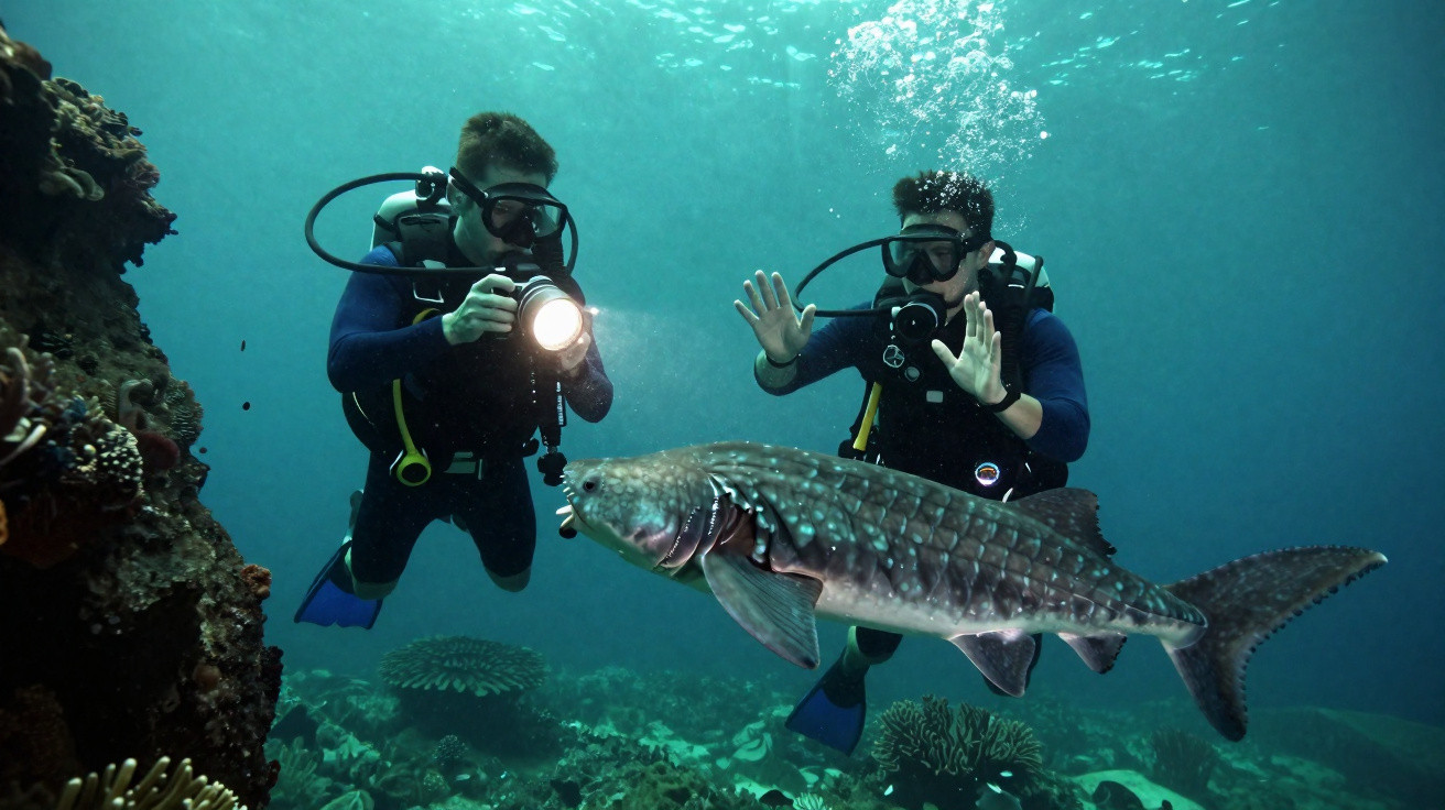 Dois mergulhadores subaquáticos observam e fotografam um peixe grande em recife de coral.