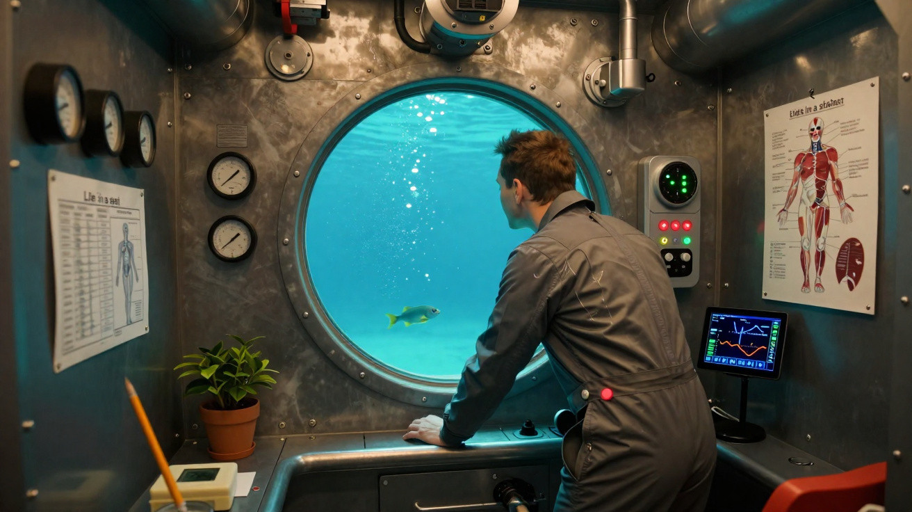 Homem em macacão observa peixes pelo vidro de uma janela redonda dentro de um submarino.