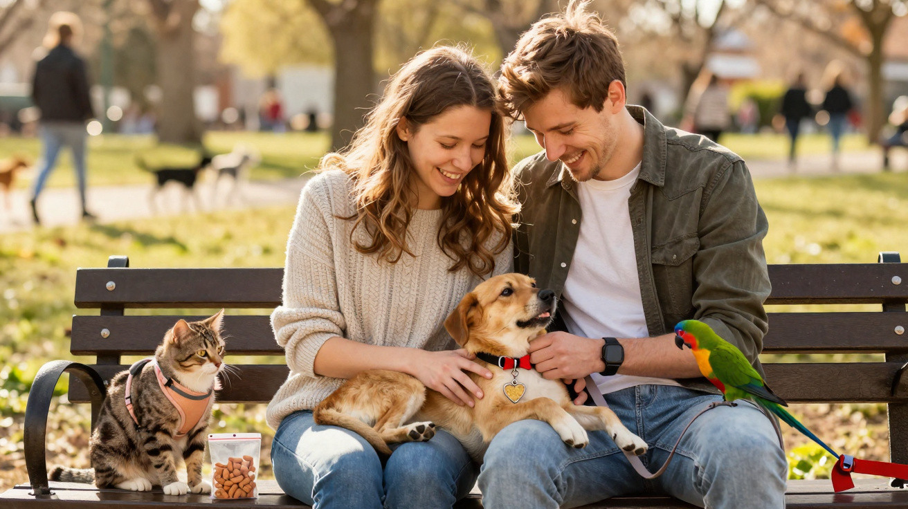 Casal sorridente sentado no banco do parque com cachorro, gato e papagaio ao redor.