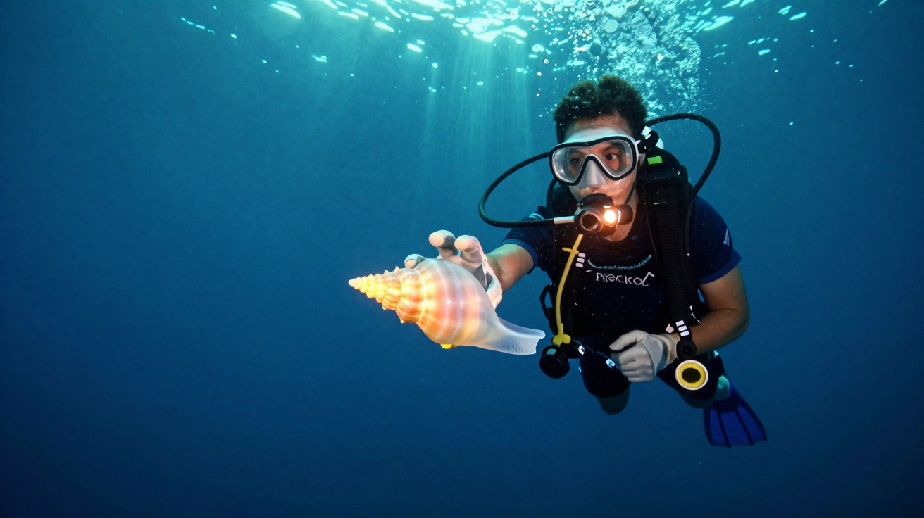 Mergulhador segurando concha marinha em águas profundas e azuis com luz solar filtrada.