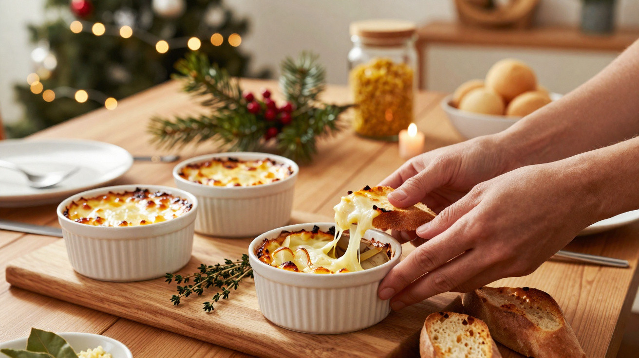 Pessoas mergulhando pão em pequenos potes de ramequim com queijo gratinado em mesa de madeira decorada.