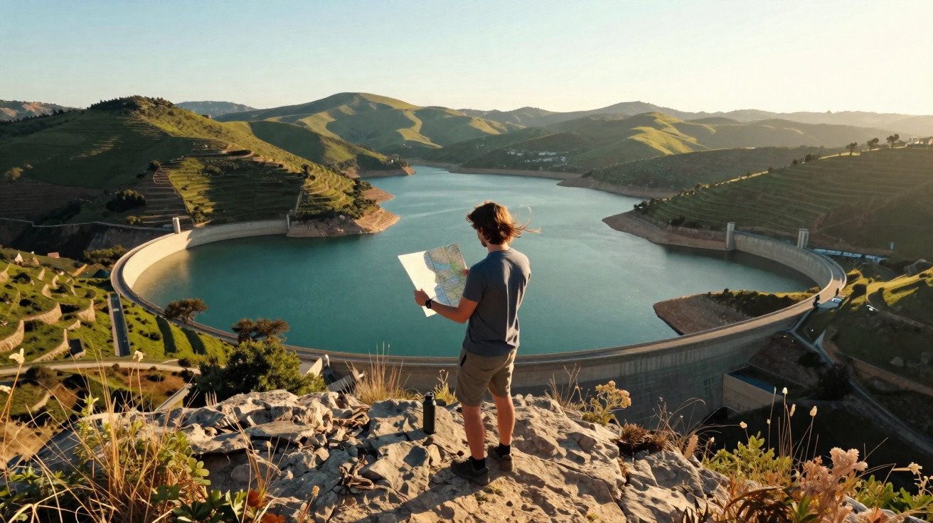 Homem em trilha olhando mapa com reservatório de água e montanhas ao fundo durante pôr do sol.