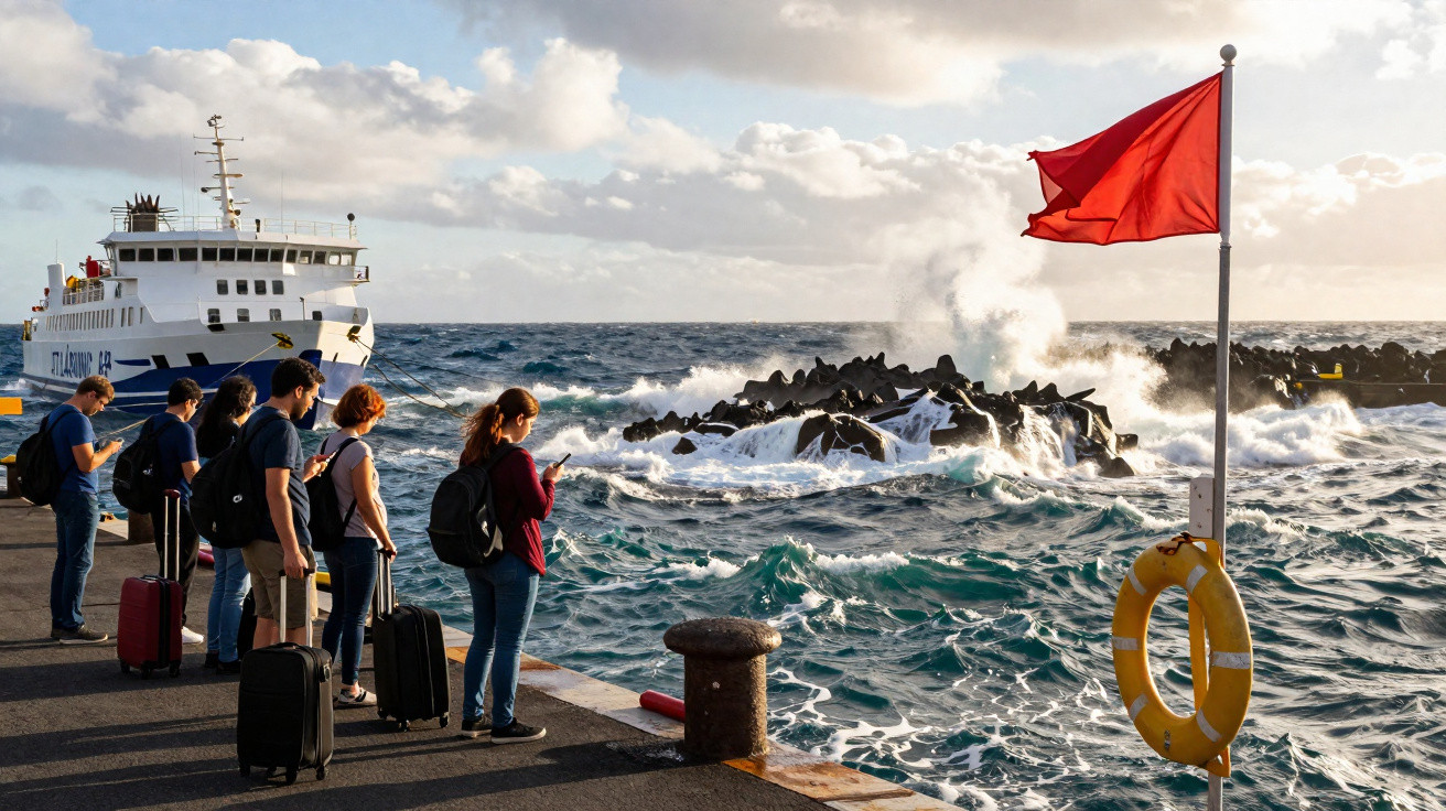Pessoas com malas esperando embarque no píer perto do mar agitado e bandeira vermelha hasteada.