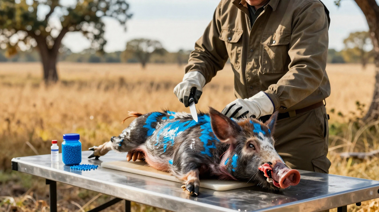 Homem com luvas aplica tinta azul em porco no campo, preparado para estudo ou marcação veterinária.