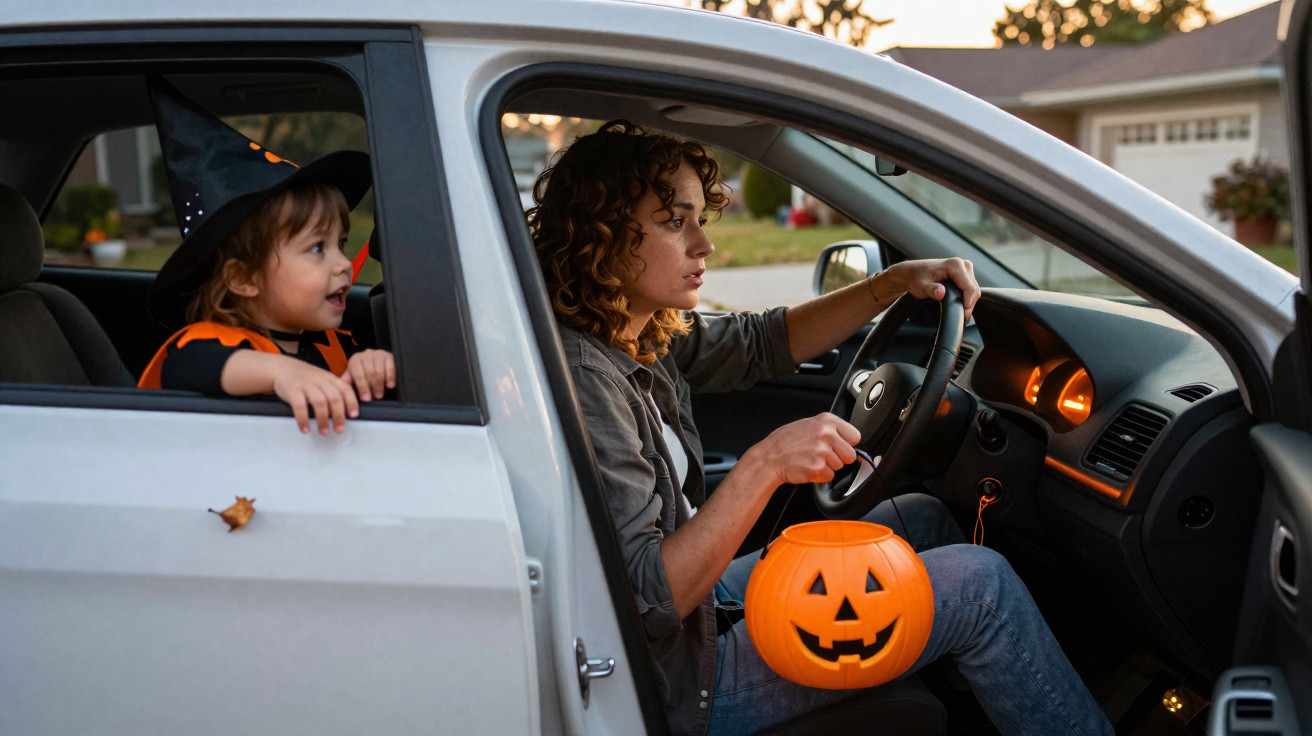 Mulher dirige carro com criança fantasiada de bruxa no banco traseiro segurando balde de Halloween.