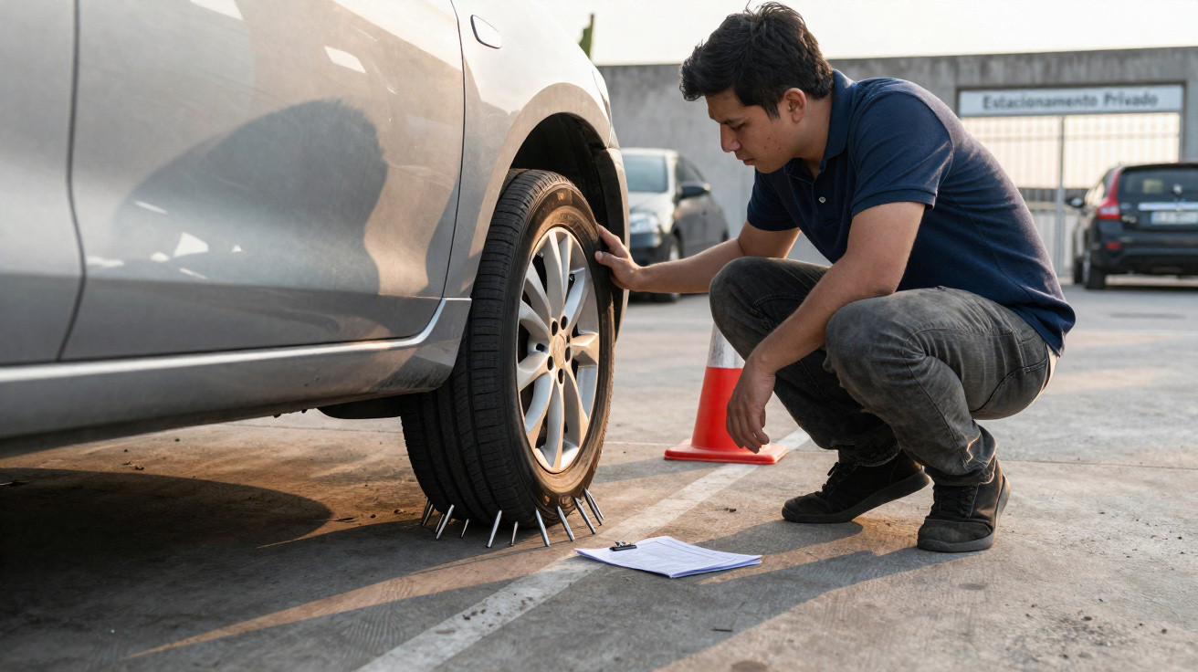 Homem agachado inspecionando pneus de carro com pregos cravados no estacionamento.