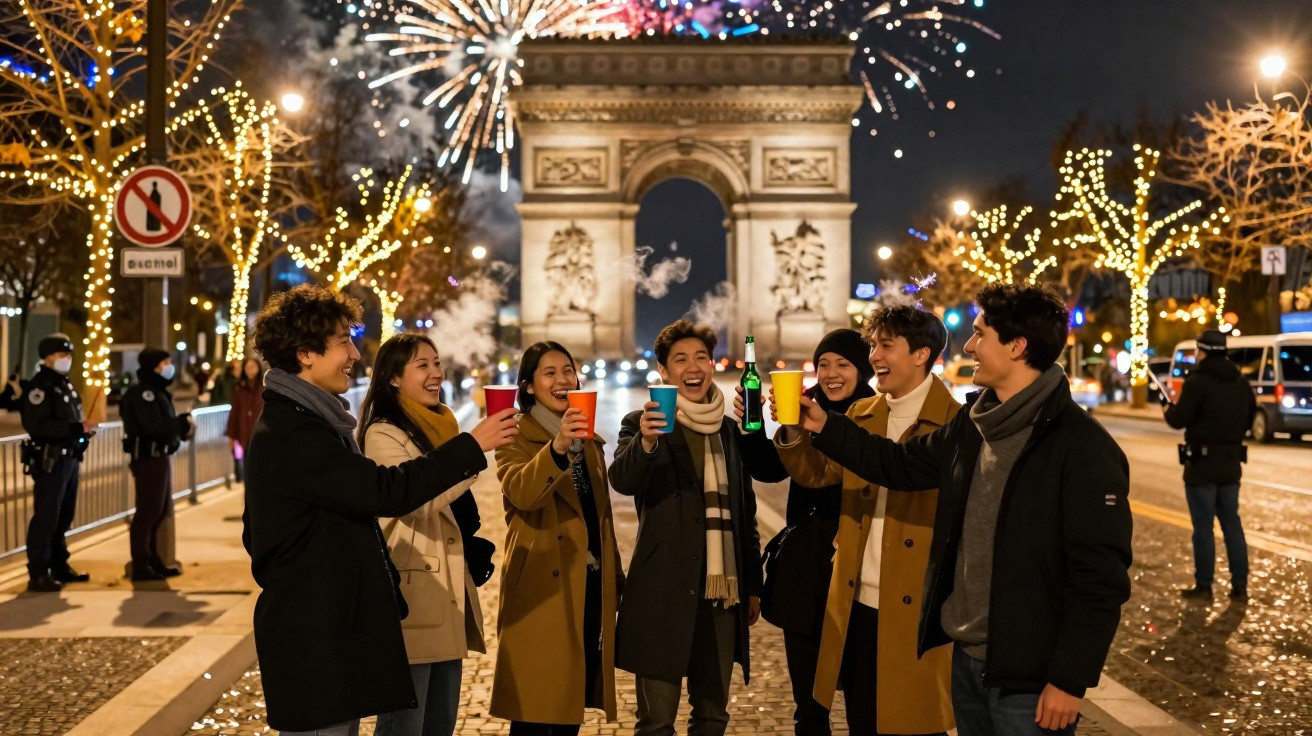 Grupo de jovens brindando com copos coloridos perto do Arco do Triunfo e fogos de artifício à noite.
